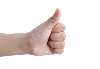 Kid hand shown thumb up symbol on isolated white background
