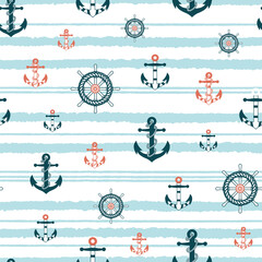 nautical seamless pattern, Anchors, Boat steering wheel on blue wave background