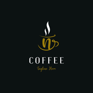 Initial n letter on cup coffee concept logo for coffee shop and store, cafeteria brand template