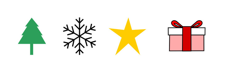 Green color Christmas tree with snowflake with yellow star and pink gift box with red ribbon vector icon collection isolated on white background, New Year and Winter holiday decoration