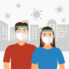 Man and woman wearing face mask and a plastic medical face shield with city building on background. Close up shot girl and guy wearing Covid-19 coronavirus protective mask. Virus protection equipment.