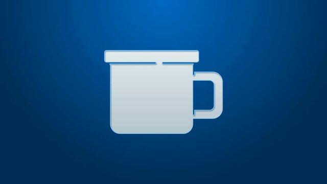 White line Camping metal mug icon isolated on blue background. 4K Video motion graphic animation.