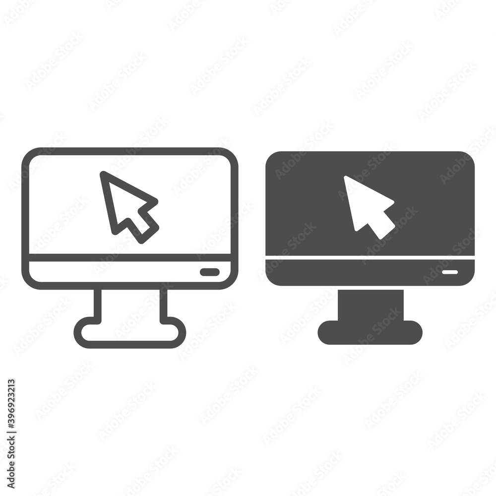 Poster monitor with mouse pointer line and solid icon, school concept, computer display and mouse click sig