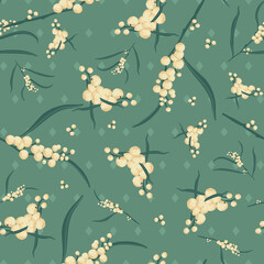 Green and golden wattle seamless vector repeat pattern. Vector illustration on green background