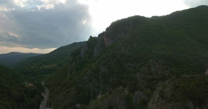Dark Cliff of a Mountain Outside of Novi Pazar in Serbia Europe, Aerial Ascending
