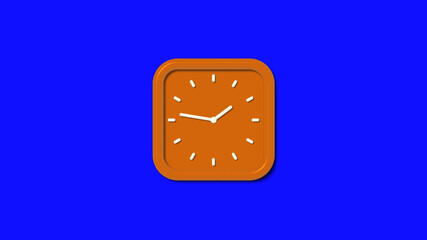 New brown color square 3d wall clock isolated on blue background, 12 hours wall cock