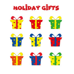 set of holiday gifts for new year, christmas and other holidays.  present boxes of different colors: red, yellow, green, blue.