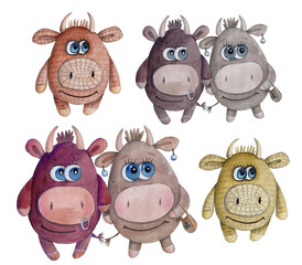 Watercolor illustration, hand drawn. Isolated on white background. Fun bulls, cows.