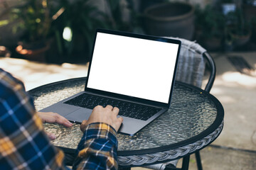 computer screen blank mockup.hand woman work using laptop with white background for advertising,contact business search information on desk at coffee shop.marketing and creative design