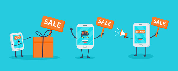 Set Smartphone online shop. Illustration vector graphic cartoon character of cute smartphone. Perfect for Ecommerce,sale, store web element. Illustration E-commerce Shopping Symbols.