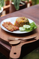 Indonesia Traditional Spicy Fried Rice with fried chicken