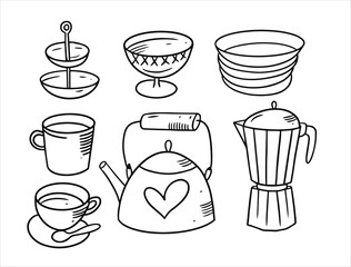 Coffee and tea doodle elements set. Hand drawing black color sketch.