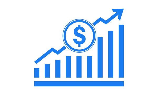 Vector illustration of dollar rate increase icon. Money symbol with stretching arrow up. Increase profit, salary, income, cost, price, economy and revenue. Icon for business concept..