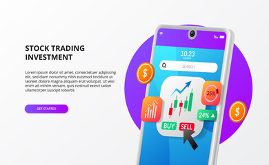 App stock securities trading investment with candlestick chart illustration with 3d phone money growth