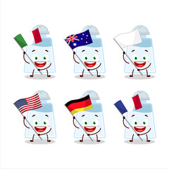 Salt shaker cartoon character bring the flags of various countries