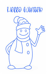 Cute Snowman cartoon line art outline style, Greeting card design concept happy holidays. Winter seasonal template