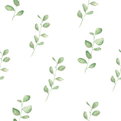 Watercolor seamless pattern with eucalyptus. Modern illustration on a white background. Design for children's textiles, decor for a woman room, wedding decorations.