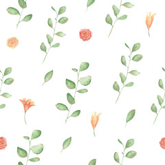 Watercolor seamless pattern with eucalyptus, rose, leaf.Girly. Modern illustration on a white background. Design for children's textiles, decor for a woman room, wedding decorations.