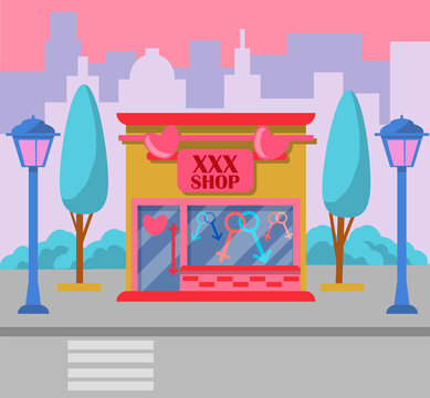 Vector illustration of a sex shop. illustration of the exterior facade of the store building in the city. Facade of the adult store. Vector illustration in flat style