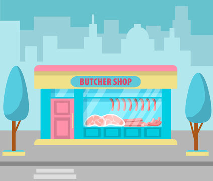 Vector illustration of a butcher shop. illustration of the exterior facade of the store building in the city. Facade of grocery store. Vector illustration in flat style