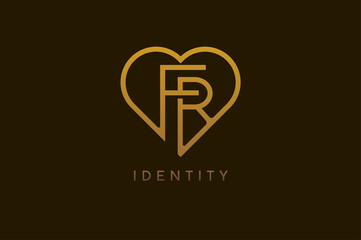 Abstract initials F and R logo, gold colour line style heart and letter combination, usable for brand, card and invitation, logo design template element,vector illustration