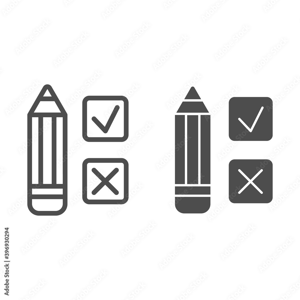 Poster pencil and test line and solid icon, school concept, check mark and cross near pencil sign on white 