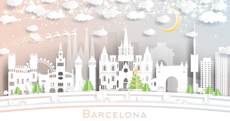 Barcelona Spain City Skyline in Paper Cut Style with Snowflakes, Moon and Neon Garland.