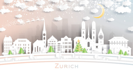 Zurich Switzerland City Skyline in Paper Cut Style with Snowflakes, Moon and Neon Garland.