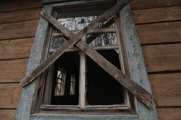 Old window of abandoned house in Chernobyl
