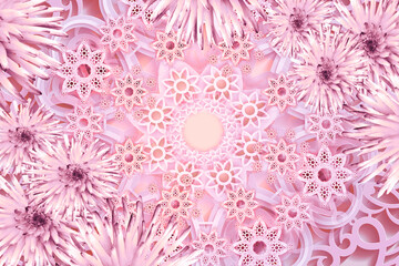 Greeting card for the new year. Pink  snowflakes on a pink background. Floral christmas background.