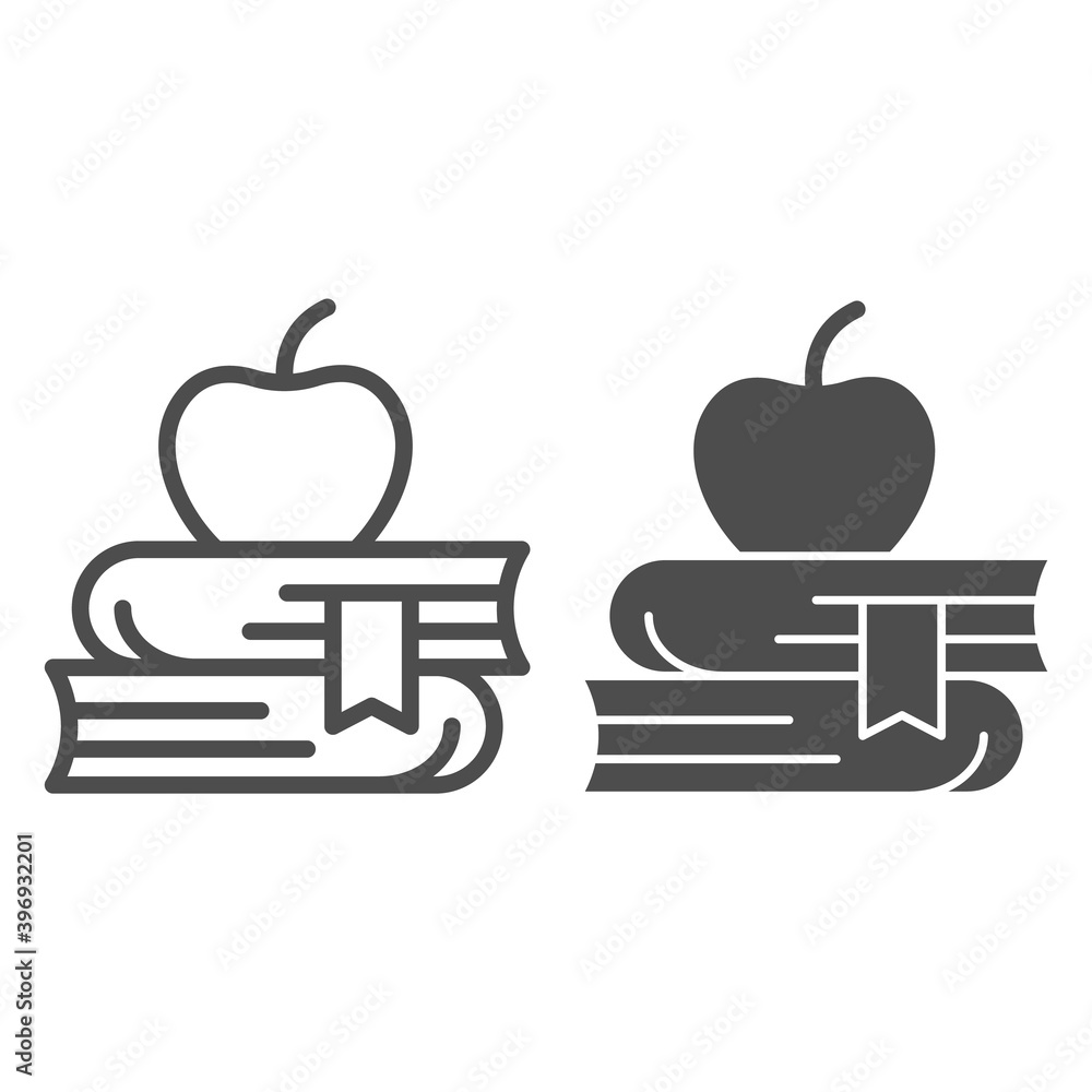 Poster apple on books line and solid icon, school concept, stack of books and apple sign on white backgroun
