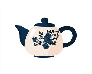 Vintage Card with ornamented ceramic teapot. Warm and cozy hand drawn vector illustration with kettle and mug with hot beverage on white background. Kitchen crockery