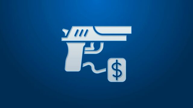 White line Buying gun pistol with price tag icon isolated on blue background. Buying weapon. 4K Video motion graphic animation.