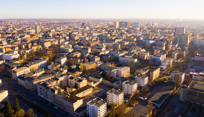 Fototapeta premium View from drone of contemporary townscape of Lodz, third largest city in Poland and former industrial centre on sunny spring day