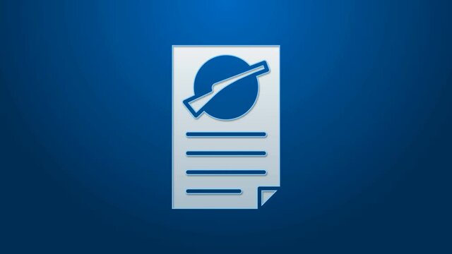 White line Firearms license certificate icon isolated on blue background. Weapon permit. 4K Video motion graphic animation.