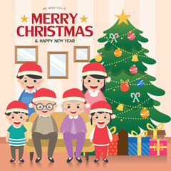 Merry Christmas greeting card illustration with happy family reunion and christmas tree in living room.  