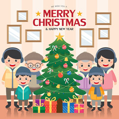 Merry Christmas with happy family wear the winter clothes and christmas tree in living room.  Greeting card vector illustration