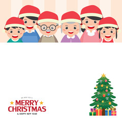Fototapeta premium Merry Christmas message notes or copy space with happy family and christmas tree.