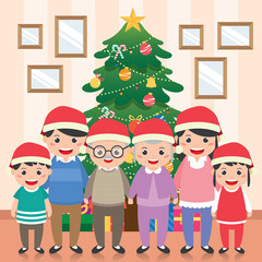 Merry Christmas greeting card illustration with happy family have a group family photo in front of christmas tree.  