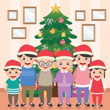 Merry Christmas greeting card illustration with happy family have a group family photo in front of christmas tree.  