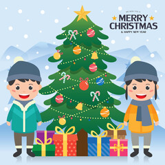 Merry Christmas with happy children wear the winter clothes at outdoor, with christmas tree  Greeting card illustration.