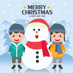 Fototapeta premium Merry Christmas greeting card illustration with happy children wear the winter clothes at outdoor to build a snowman. 