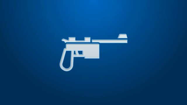 White line Mauser gun icon isolated on blue background. Mauser C96 is a semi-automatic pistol. 4K Video motion graphic animation.