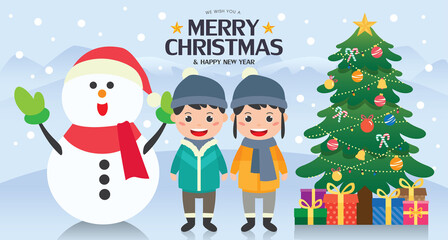 Merry Christmas banner illustration with happy children wear the winter clothes to build a snowman beside a christmas tree at outdoor. 