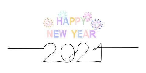 Happy New Year 2021 Calligraphy Vector Text With Colorful fireworks on white background.