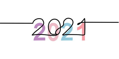 Continuous line of Happy New Year 2021 on white background.