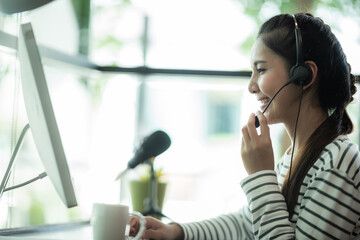 happy call center concept, smiling businesswoman operator customer support consult phone services...