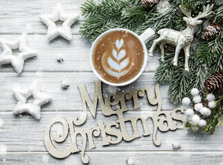 Christmas and happy new year card with cup of coffe
