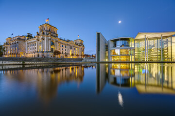 The Reichtsag and the Paul-Loebe-Haus at the river Spree in Berlin at dawn
