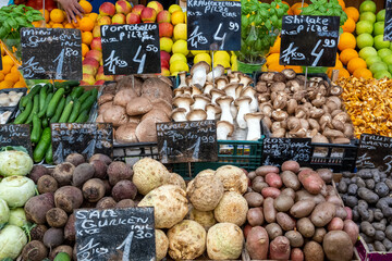 Great choice of fresh vegetables for sale at a market in Vienna, Austria